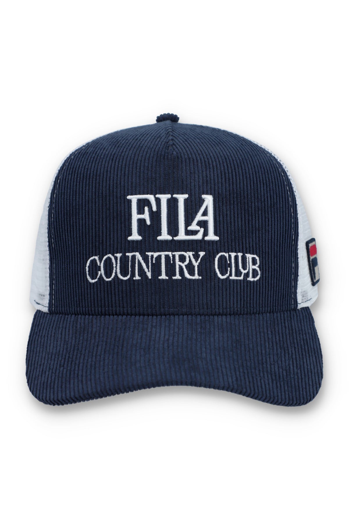 Displays Navy 'Fila' branded Cody Corduroy Mesh-Back Cap with Embroidered Graphic