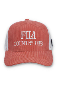 Displays the Tiger Lily 'FILA' branded Cody Corduroy Mesh-Back Cap with Embroidered Graphic