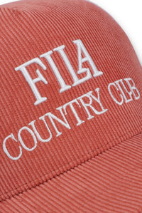 Displays the Tiger Lily 'FILA' branded Cody Corduroy Mesh-Back Cap with Embroidered Graphic