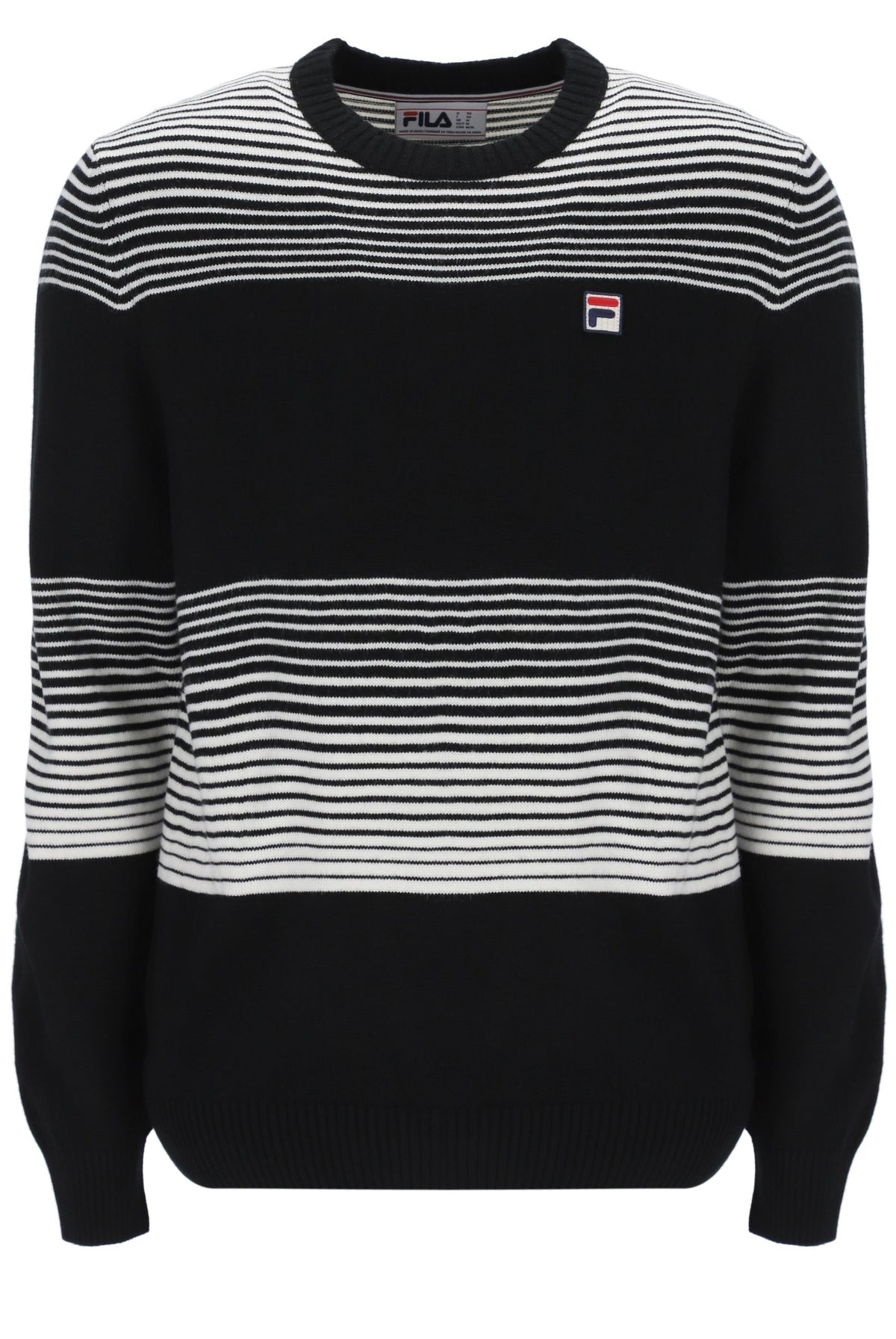 Displays the Black 'FILA' branded Connor Striped Knit Crew Neck