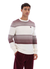 Man wearing a striped sweater and burgundy pants on a white background