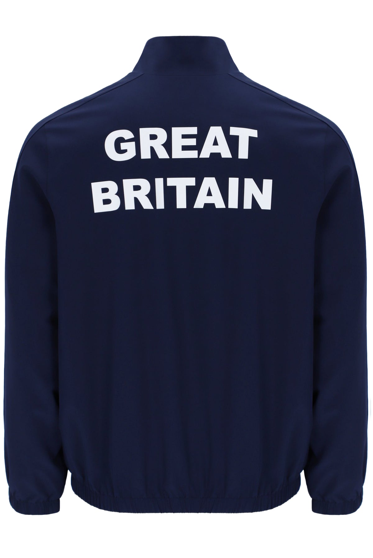 A navy blue tennis track top, featuring 'GREAT BRITAIN' print-out text across the back on a white background