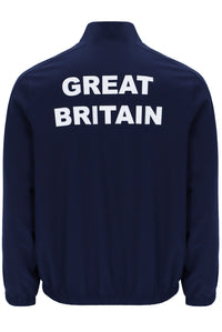 A navy blue tennis track top, featuring 'GREAT BRITAIN' print-out text across the back on a white background