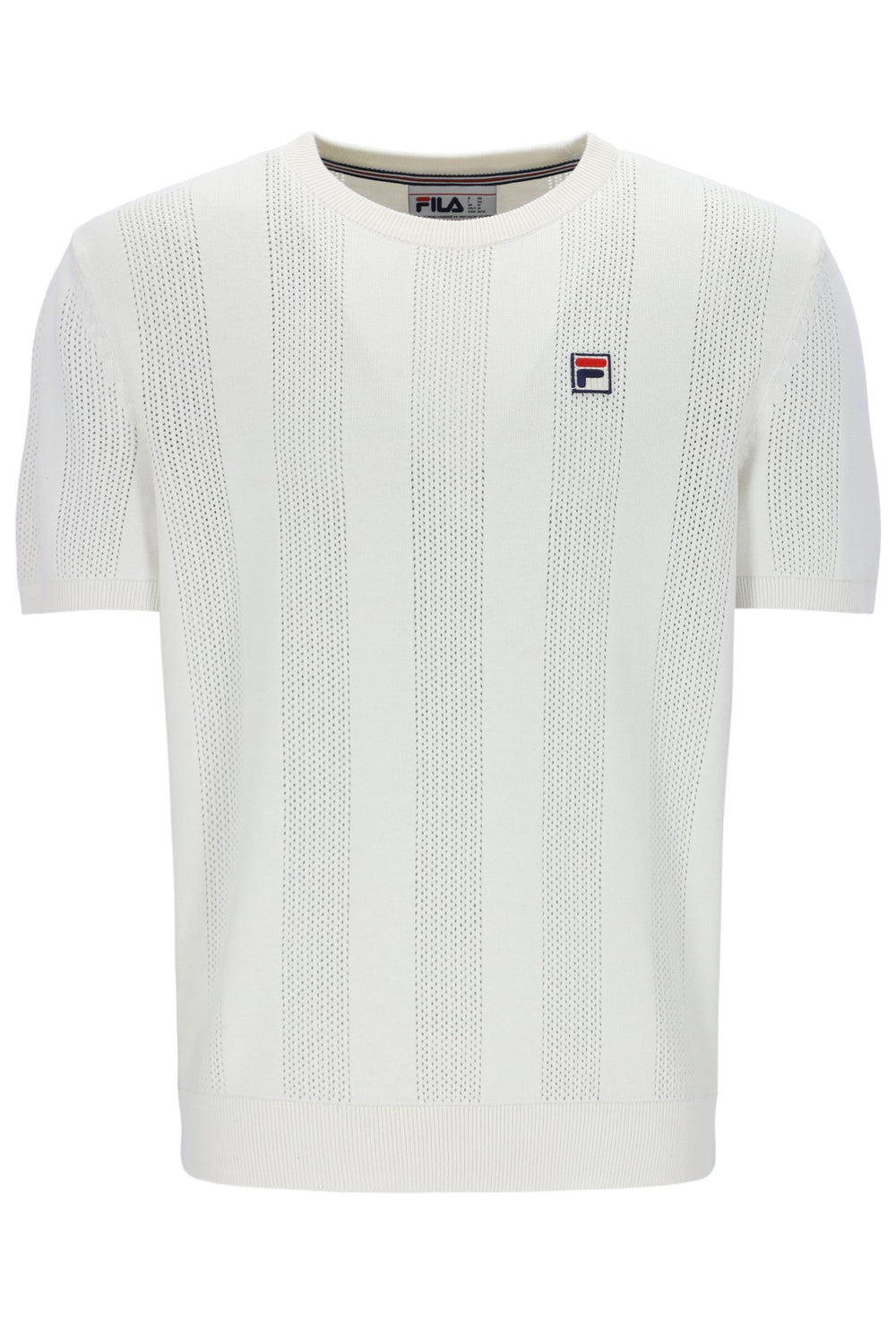 White textured t-shirt with Fila logo on a white background