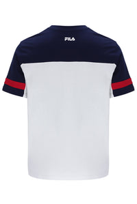 Displays the White 'FILA' branded Damon Cut and Sew Tee