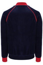 Navy blue jacket with red accents on a white background