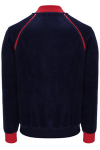 Navy blue jacket with red accents on a white background