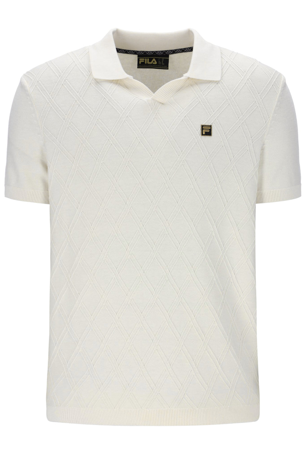 White textured polo shirt with brand logo on a white background
