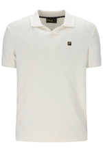 White textured polo shirt with brand logo on a white background