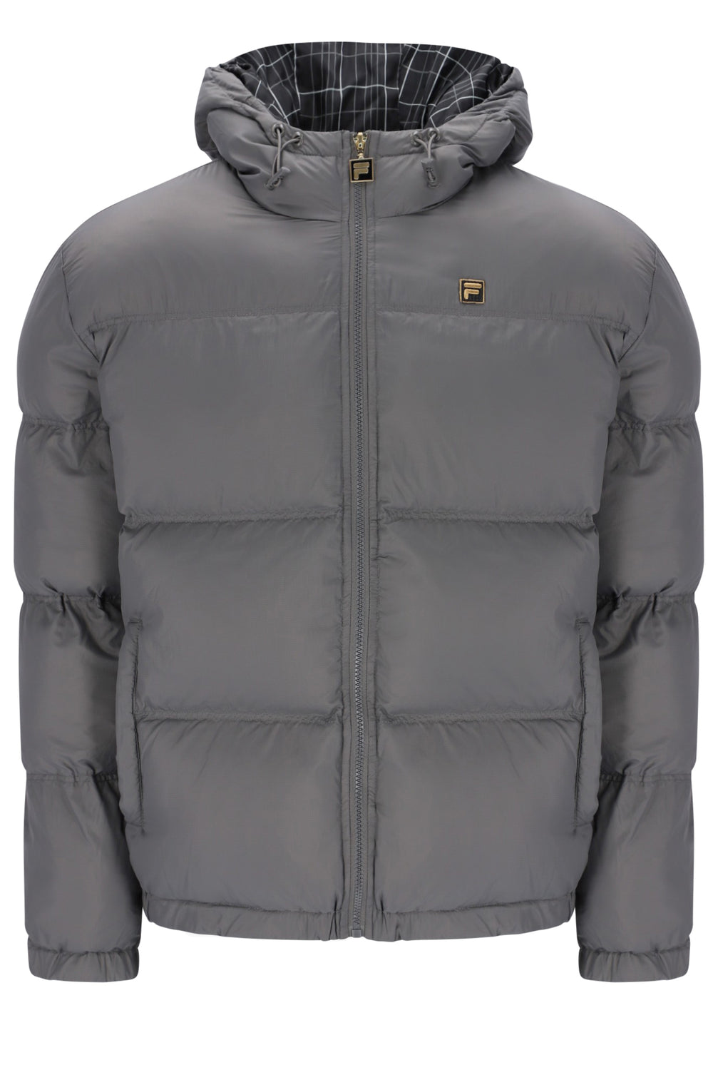 Displays the Gunmetal 'FILA' branded Desmond Hooded Puffer