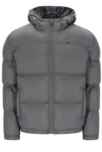 Displays the Gunmetal 'FILA' branded Desmond Hooded Puffer