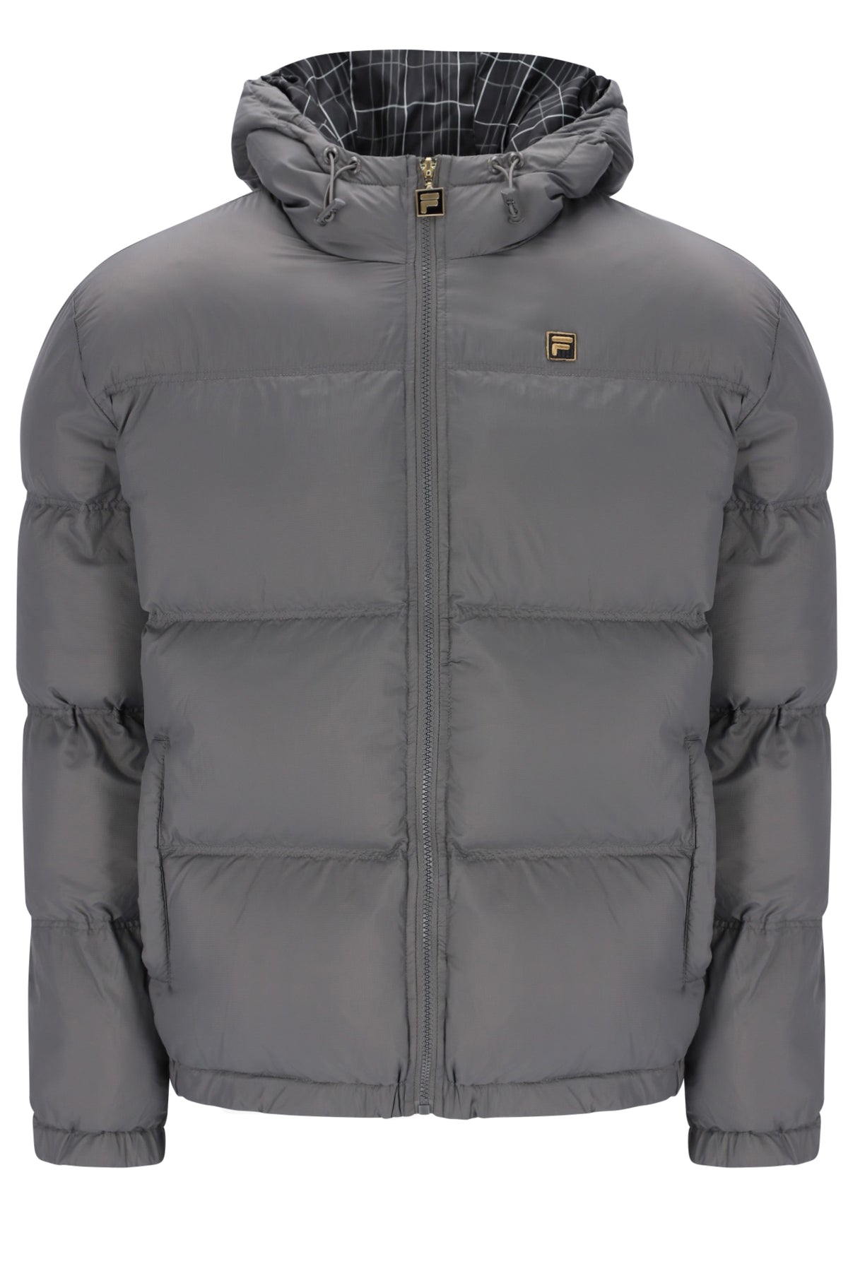 Displays the Gunmetal 'FILA' branded Desmond Hooded Puffer