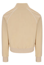 Beige jacket with white piping on a white background