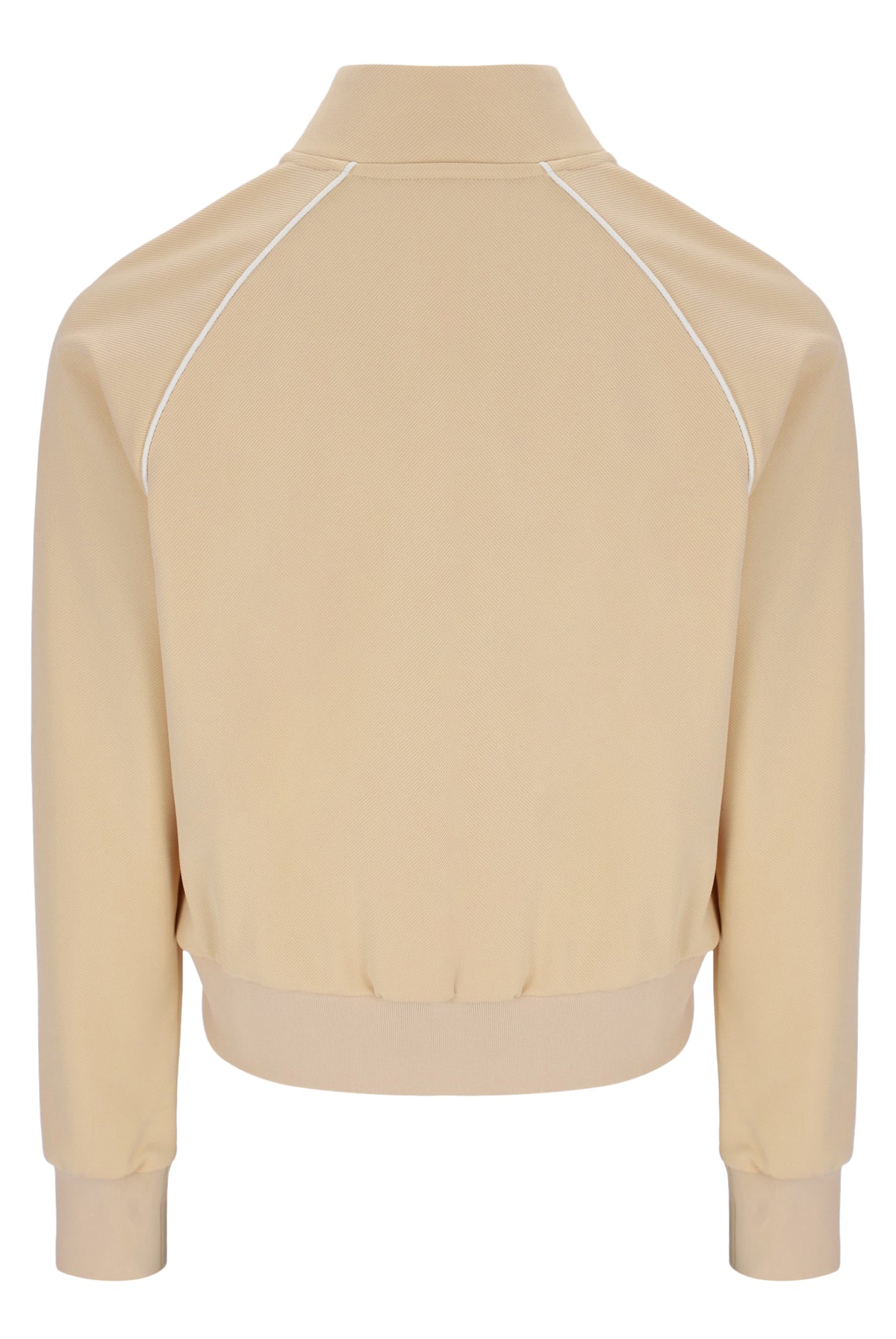 Beige jacket with white piping on a white background