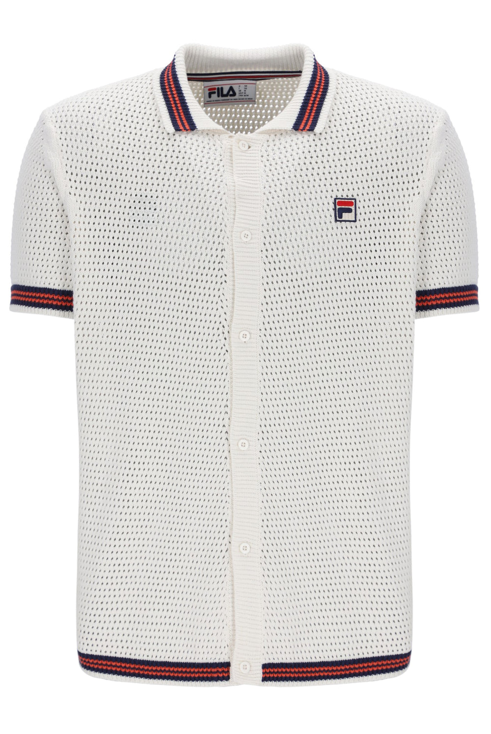 White textured shirt with red and blue trim on a white background