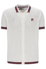 White textured shirt with red and blue trim on a white background