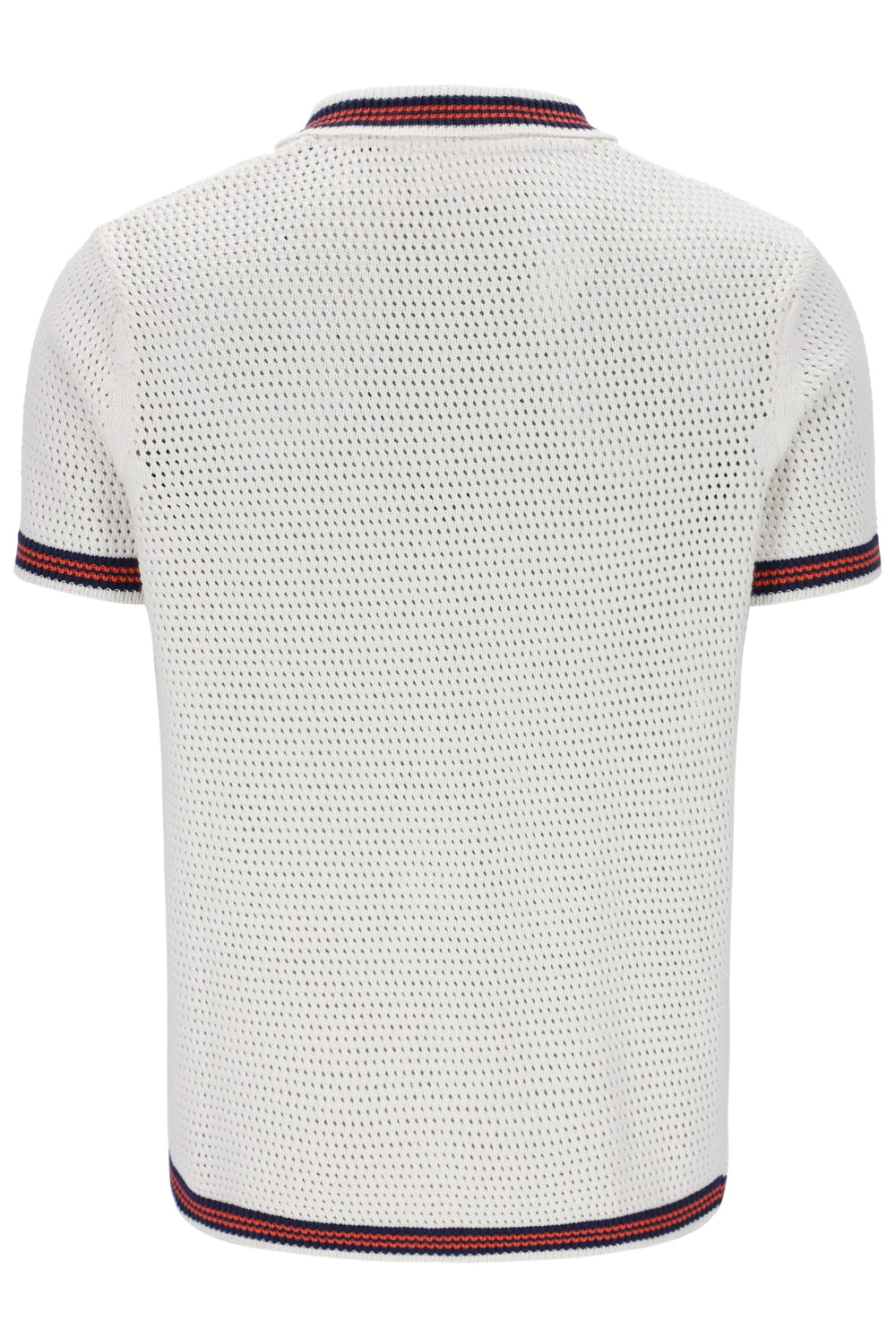 White textured polo shirt with red and blue trim on a white background