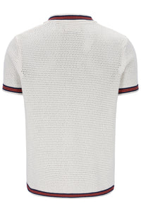 White textured polo shirt with red and blue trim on a white background