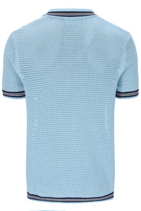 Light blue knitted polo shirt with dark blue trim on a white background