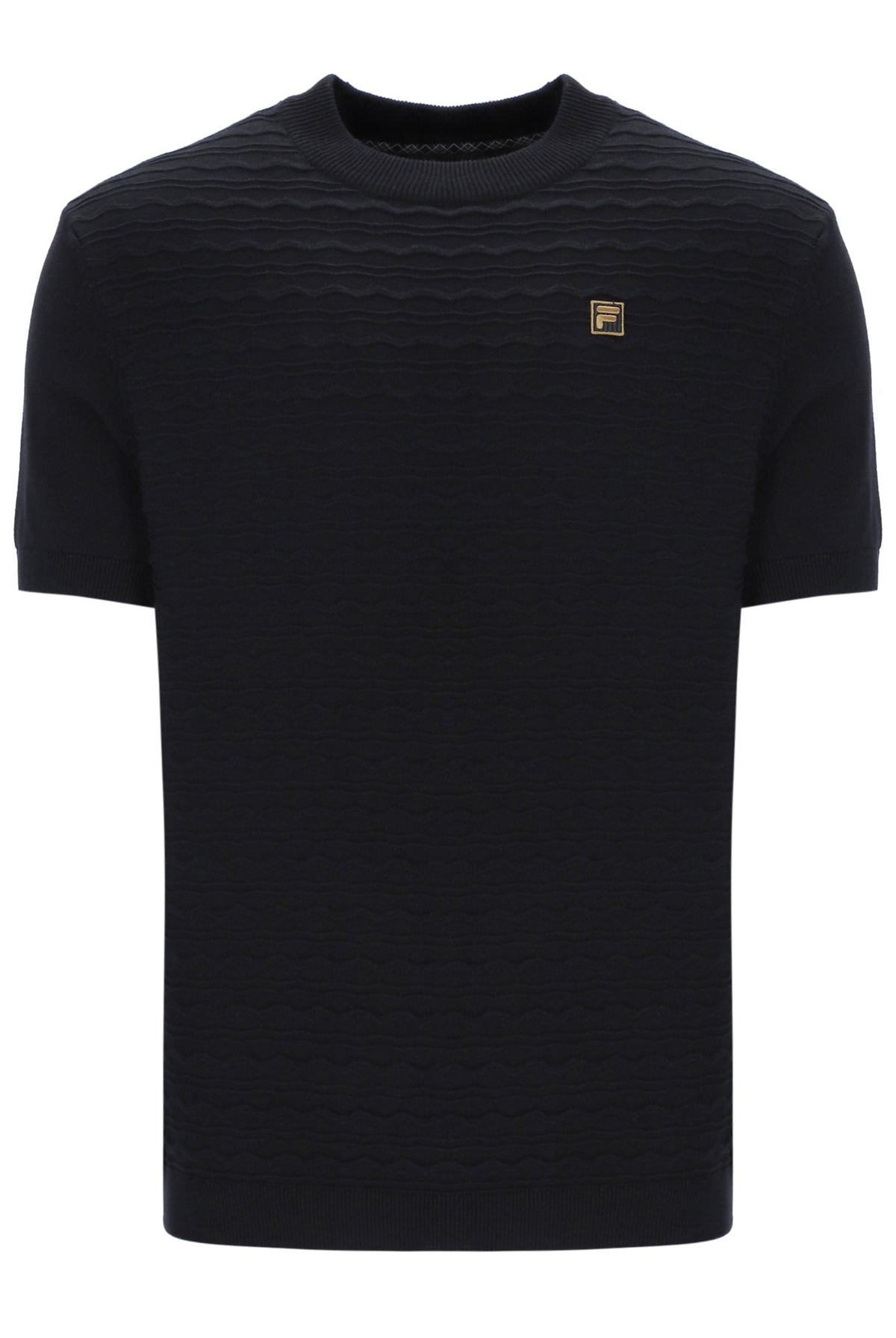 Black t-shirt with a small FILA Gold logo on the chest on a white background