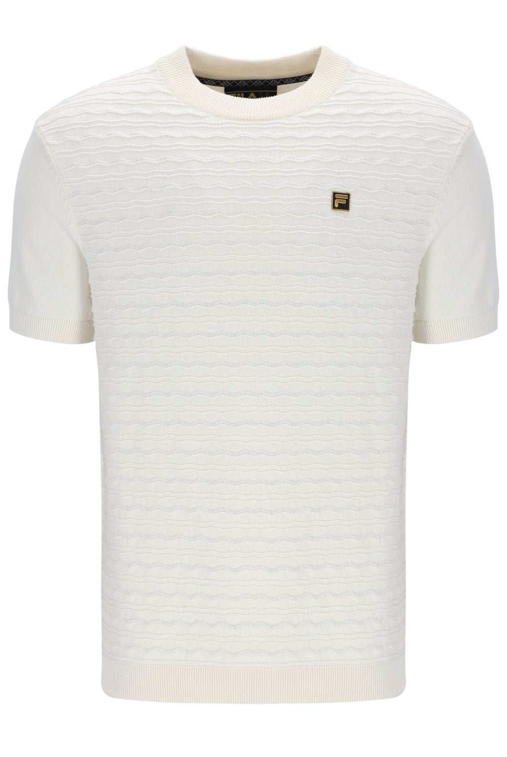 White striped t-shirt with a brand logo on a white background