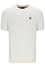 White striped t-shirt with a brand logo on a white background