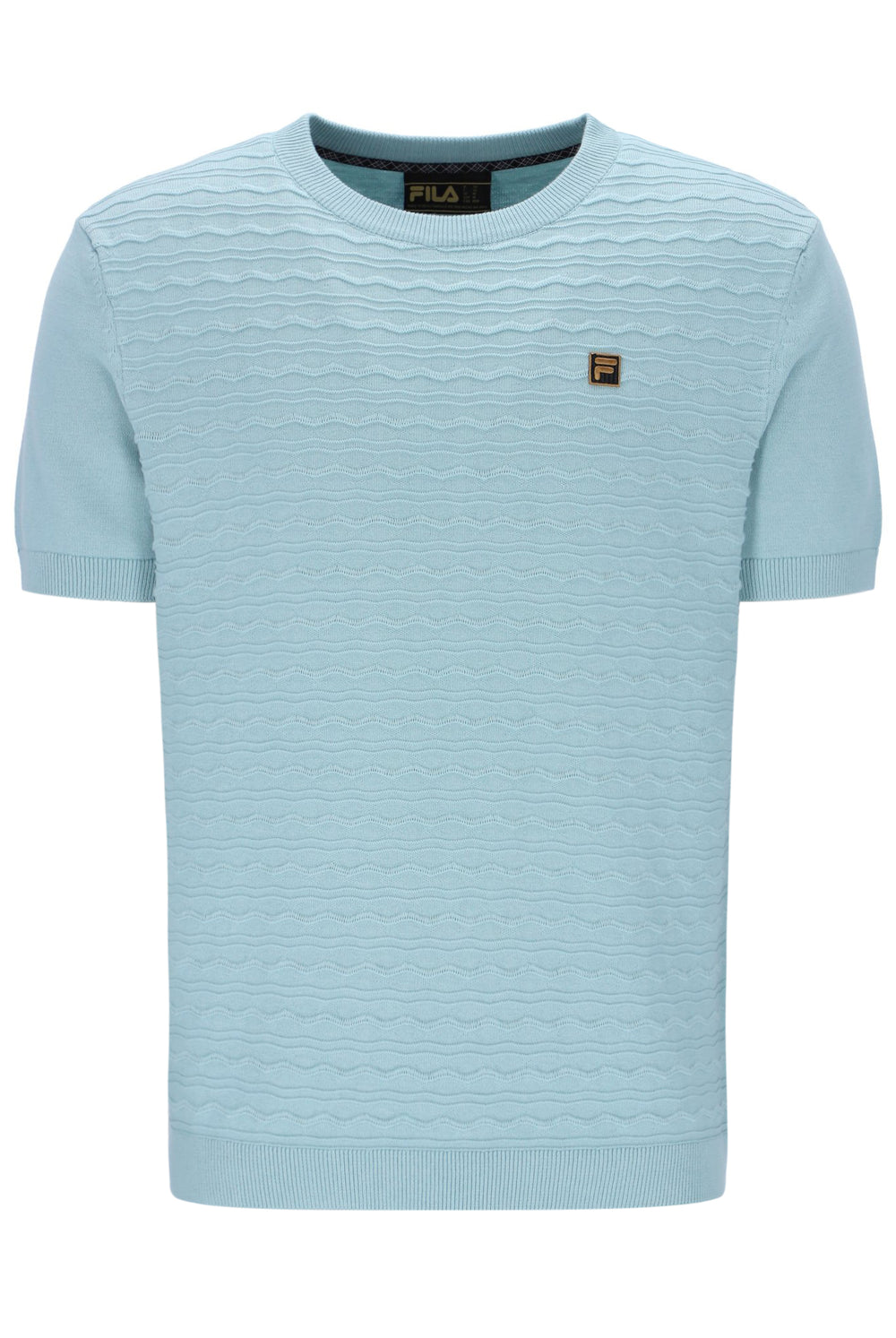Light blue striped sweater with Fila logo on a white background