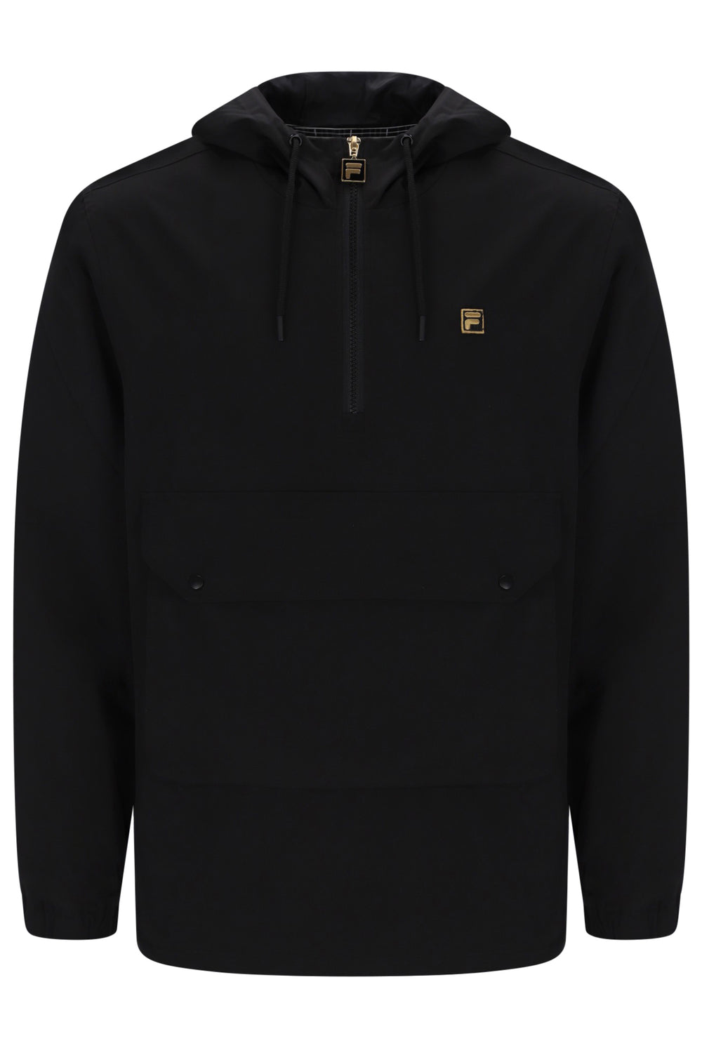 A black pullover hoodie with a half-zip neckline, drawstrings, and a small gold Fila logo on the left chest, shown against a plain white background.