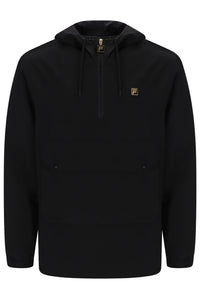 A black pullover hoodie with a half-zip neckline, drawstrings, and a small gold Fila logo on the left chest, shown against a plain white background.