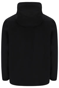 A black long-sleeve jacket with a high mock neck collar, shown from the back against a plain white background.