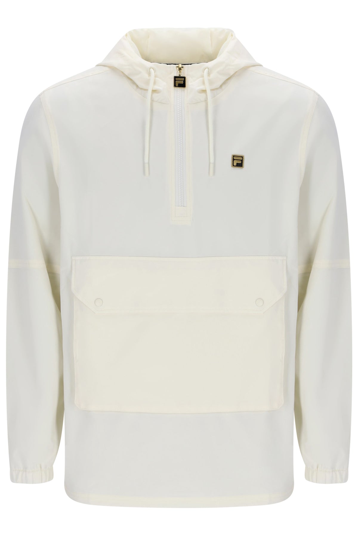An off-white hooded pullover jacket with a half-zip neckline, a large front flap pocket, and a small gold Fila logo on the left chest, shown against a plain white background.
