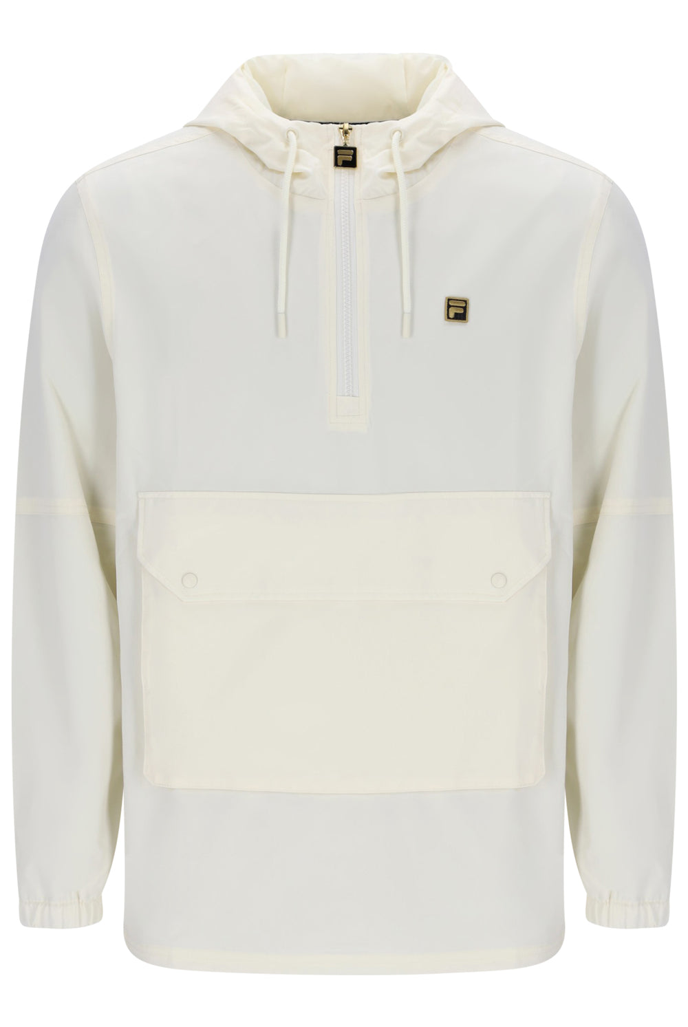 An off-white hooded pullover jacket with a half-zip neckline, a large front flap pocket, and a small gold Fila logo on the left chest, shown against a plain white background.