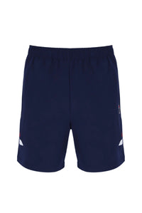 A pair of navy blue men's tennis shorts with a drawstring waist and white FILA branding on the left leg.