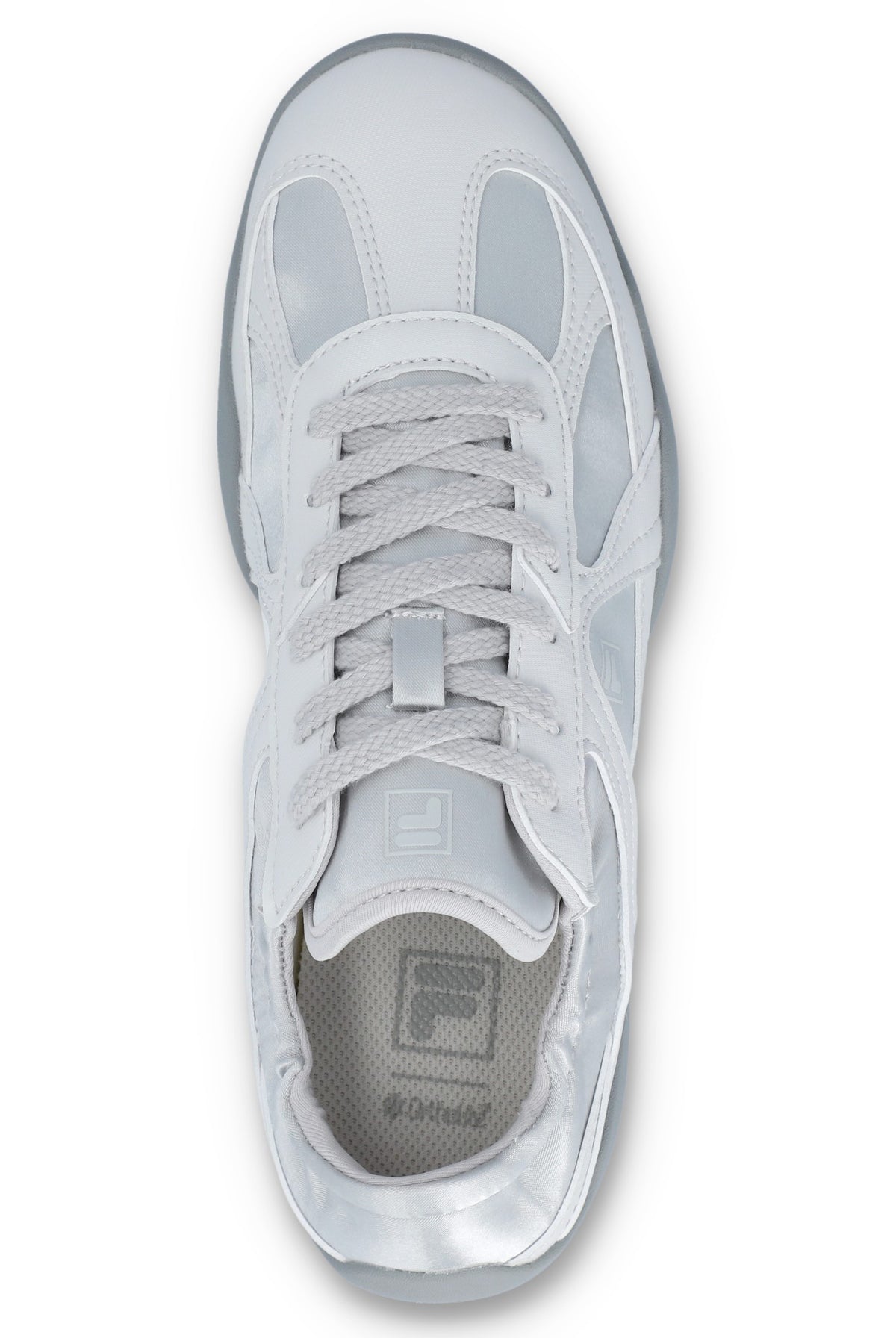 White and silver Fila glio sneaker on a white background