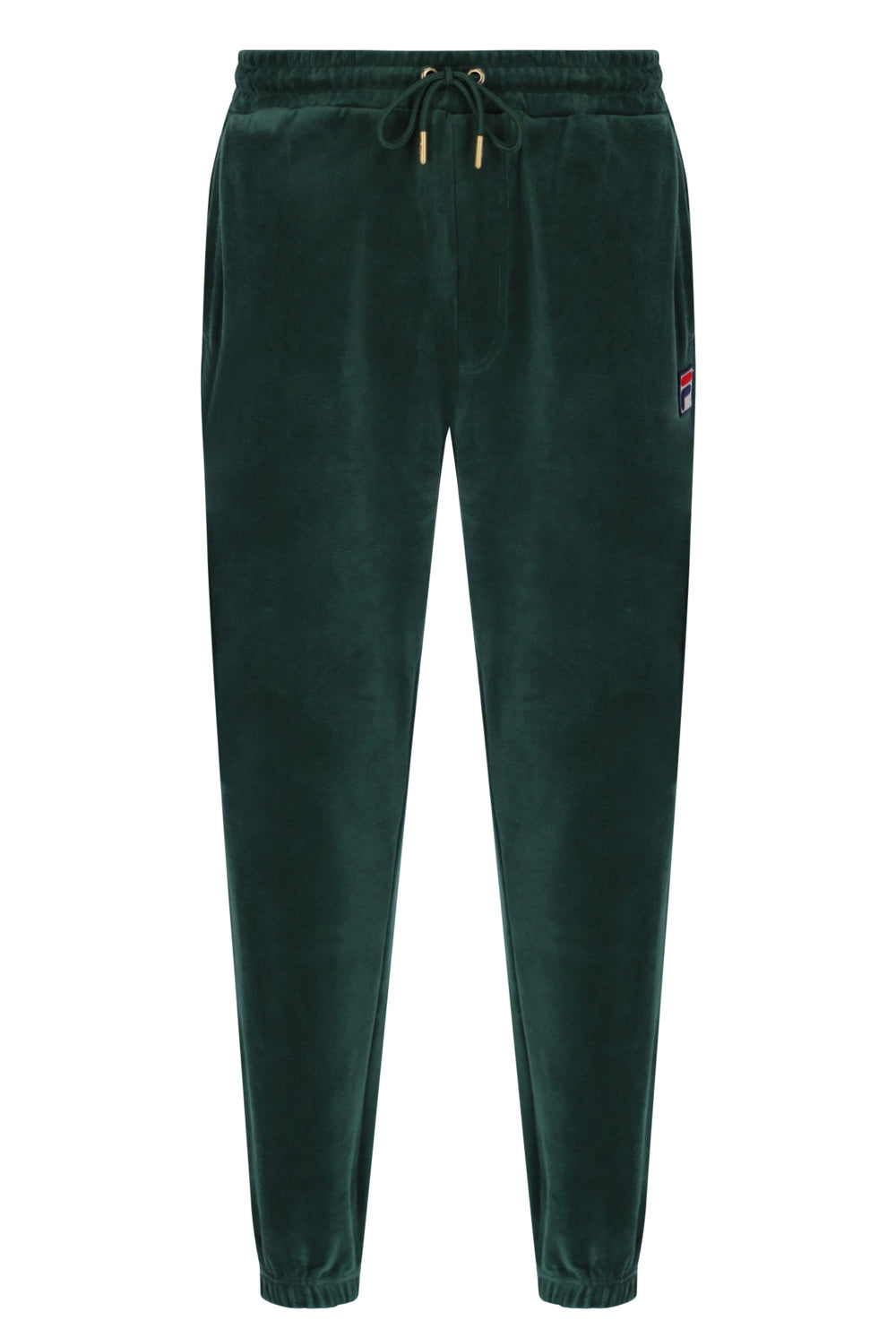 Displays the Pine Needle 'FILA' branded Eddie 2 Velour Track Pant