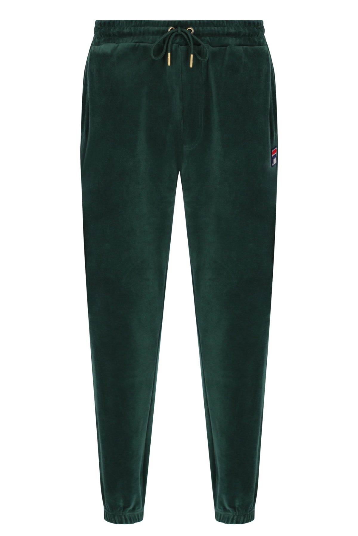 Displays the Pine Needle 'FILA' branded Eddie 2 Velour Track Pant