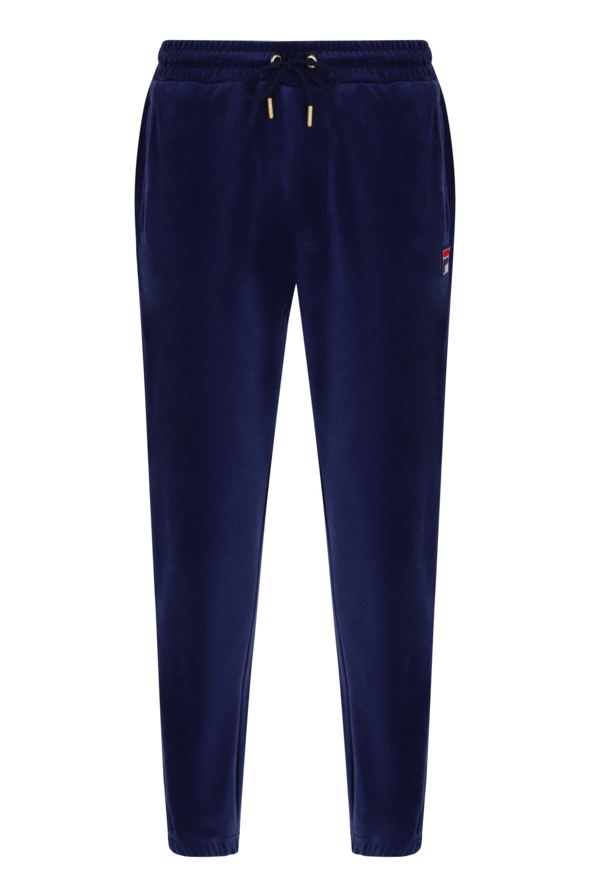 Displays the Navy 'Fila' branded Eddie 2 Velour Track Pant