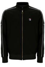 A black Fila track jacket with white contrast piping along the shoulders and sleeves, featuring a gold-tone zipper and a small Fila logo patch on the left chest.