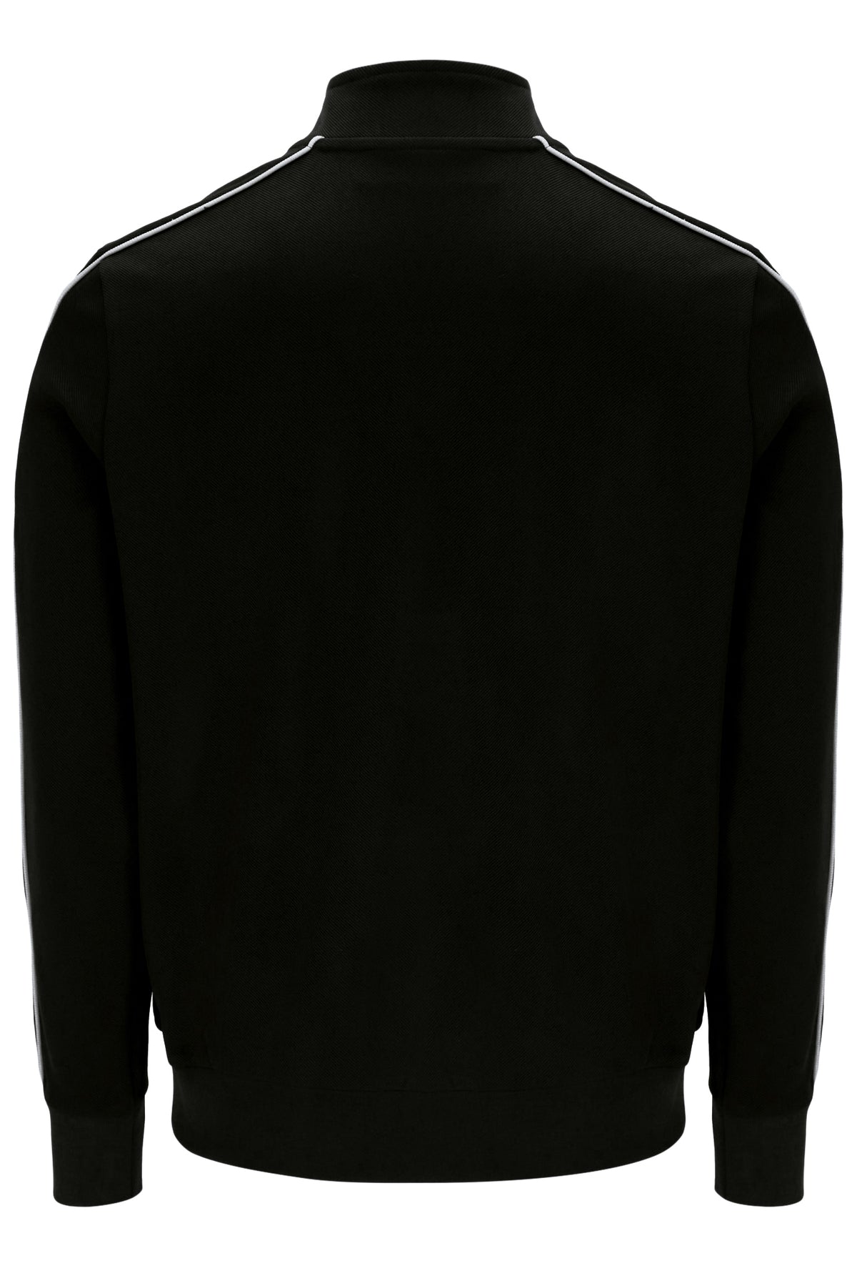 Black long-sleeve track jacket with white double stripes running along the shoulders, shown from the back on a white background.