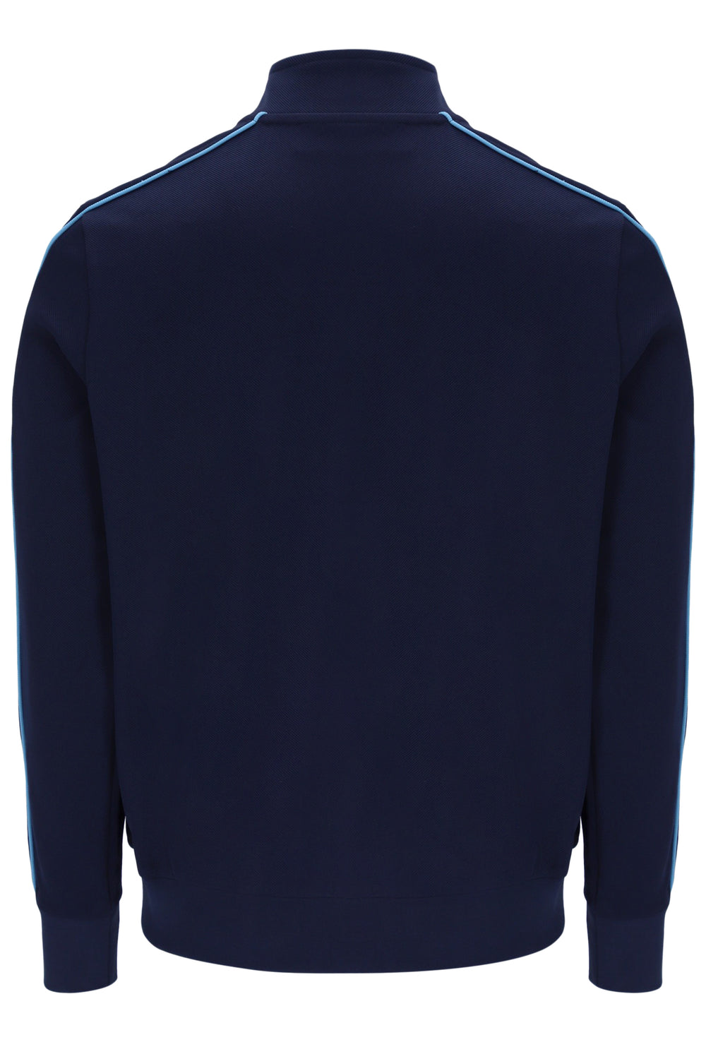 A navy blue long-sleeve track jacket shown from the back, featuring light blue contrast piping running along the shoulders and upper back.