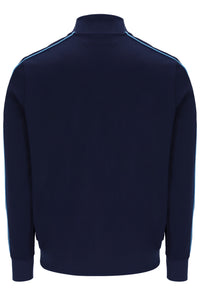 A navy blue long-sleeve track jacket shown from the back, featuring light blue contrast piping running along the shoulders and upper back.
