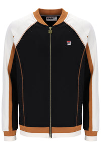 Black jacket with white and brown accents featuring a FILA logo on a white background