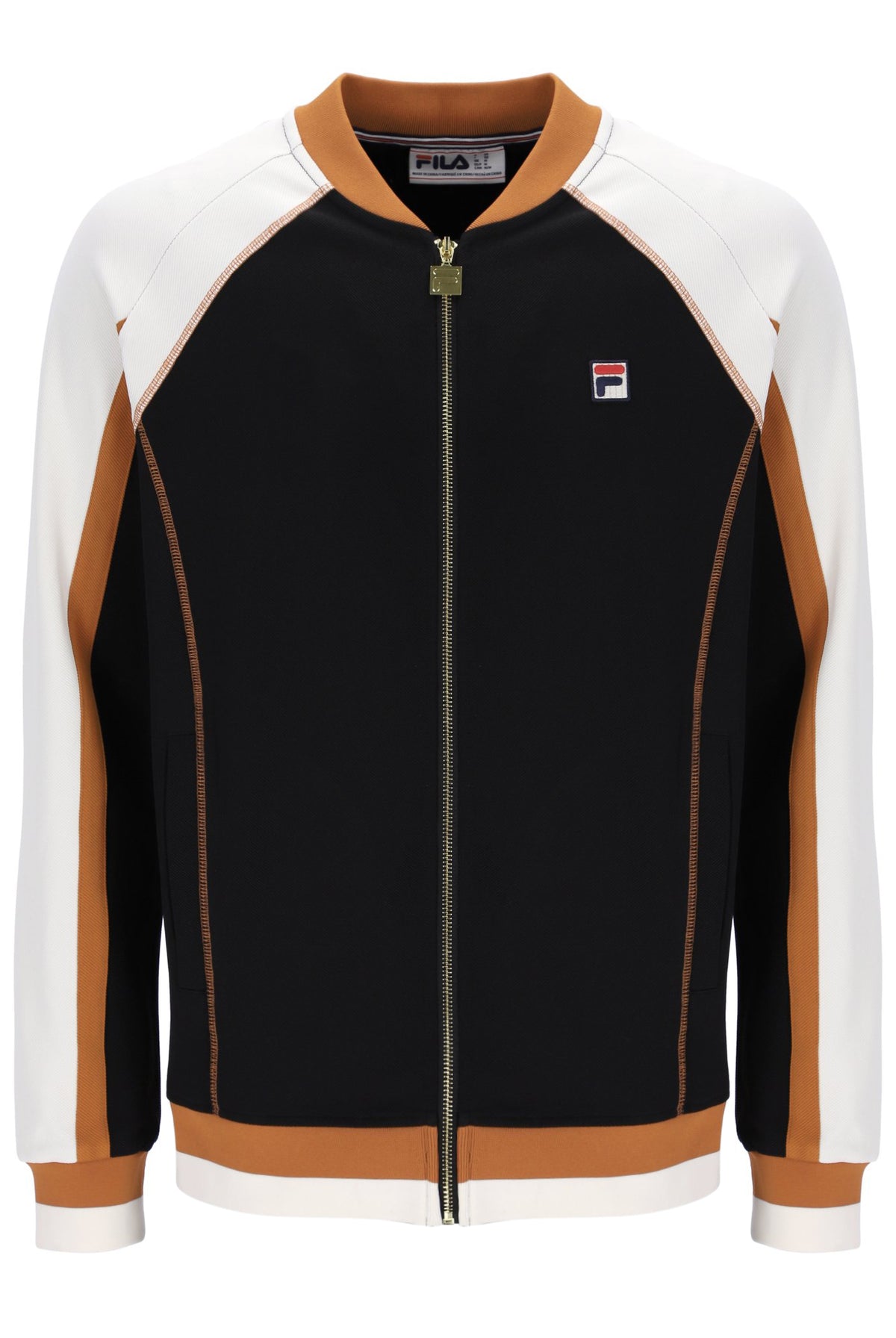 Black jacket with white and brown accents featuring a FILA logo on a white background