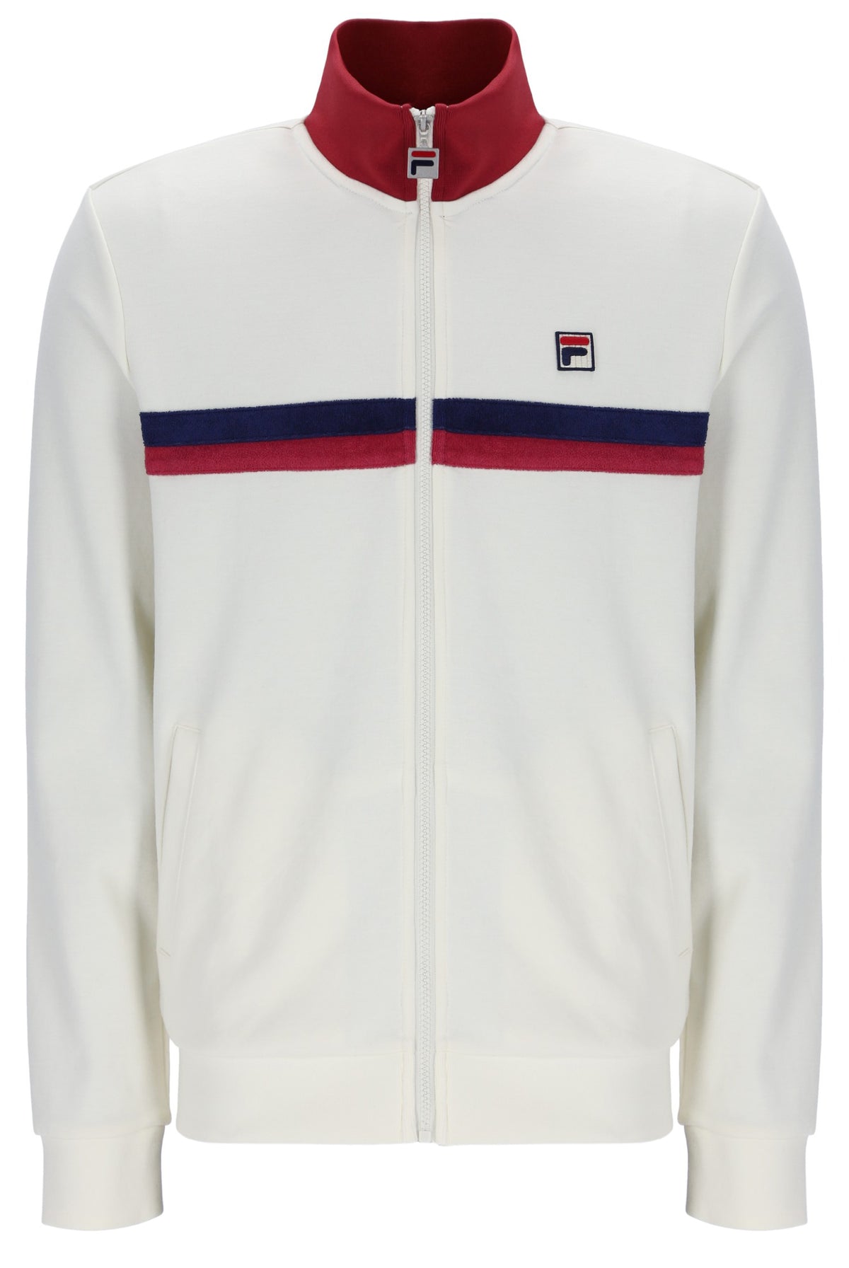 White jacket with red and blue accents and Fila logo on a white background