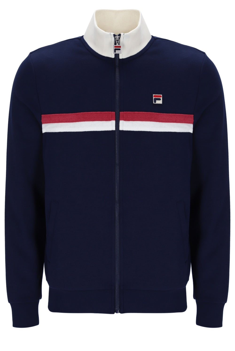 Navy blue jacket with a red and white stripe on a mannequin against a white background