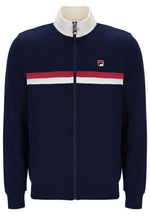 Navy blue jacket with a red and white stripe on a mannequin against a white background
