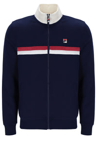 Navy blue jacket with a red and white stripe on a mannequin against a white background