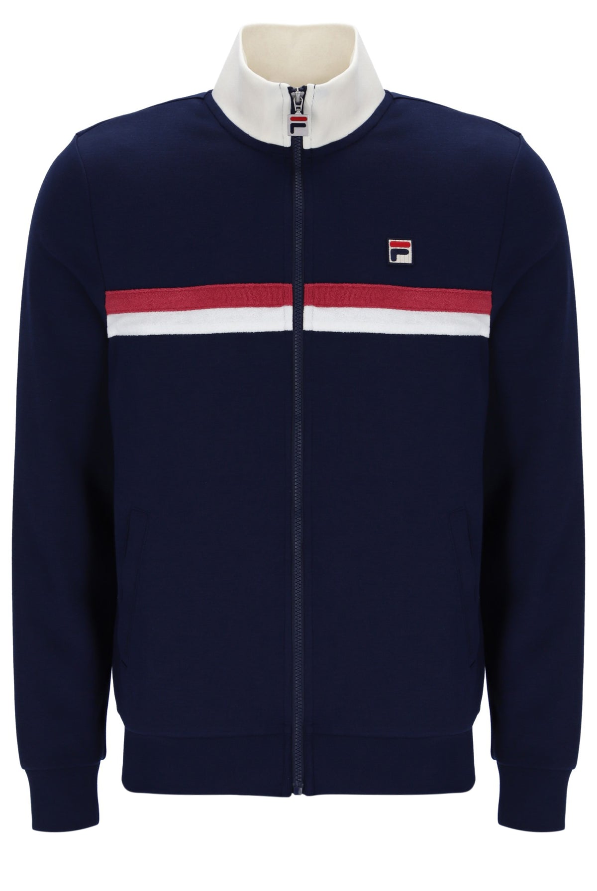 Navy blue jacket with a red and white stripe on a mannequin against a white background