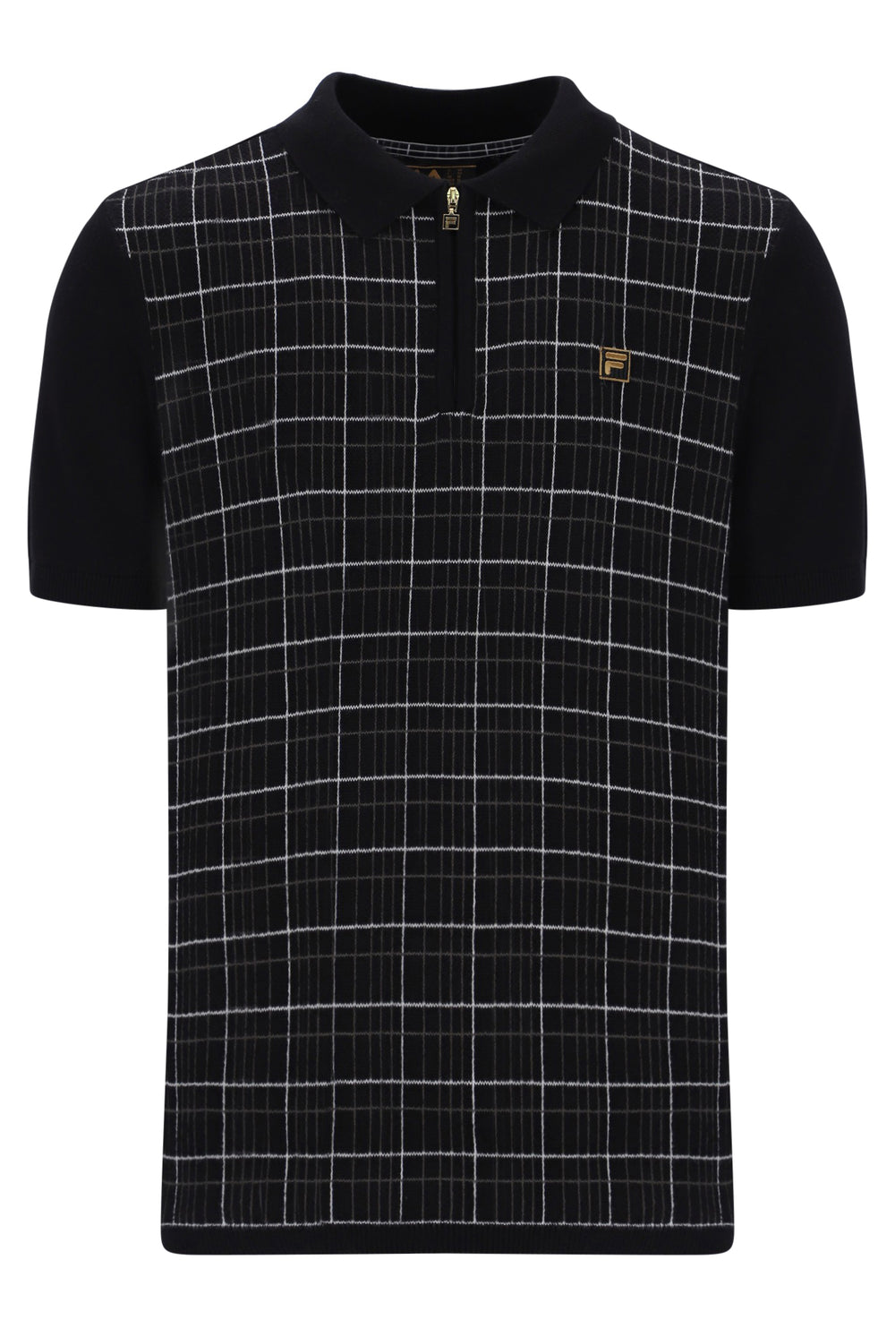 Displays the Black 'FILA' branded Enzo Knitted Check Zip Polo