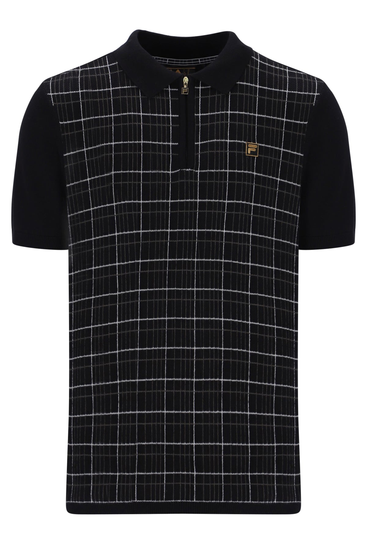 Displays the Black 'FILA' branded Enzo Knitted Check Zip Polo